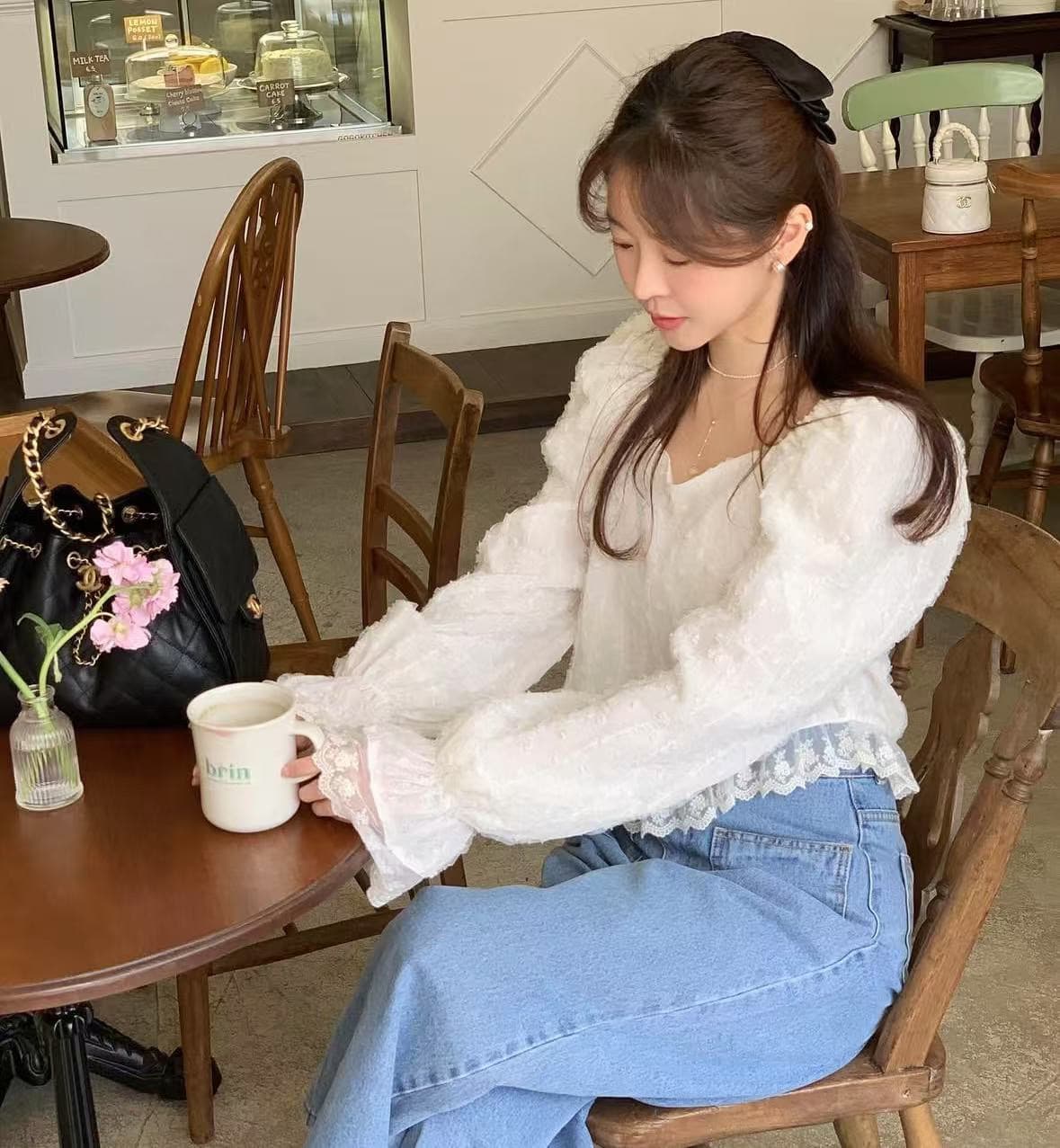 지금 우아함 품격 레이스 자수 연령 감소 셔츠 상세 이미지 10