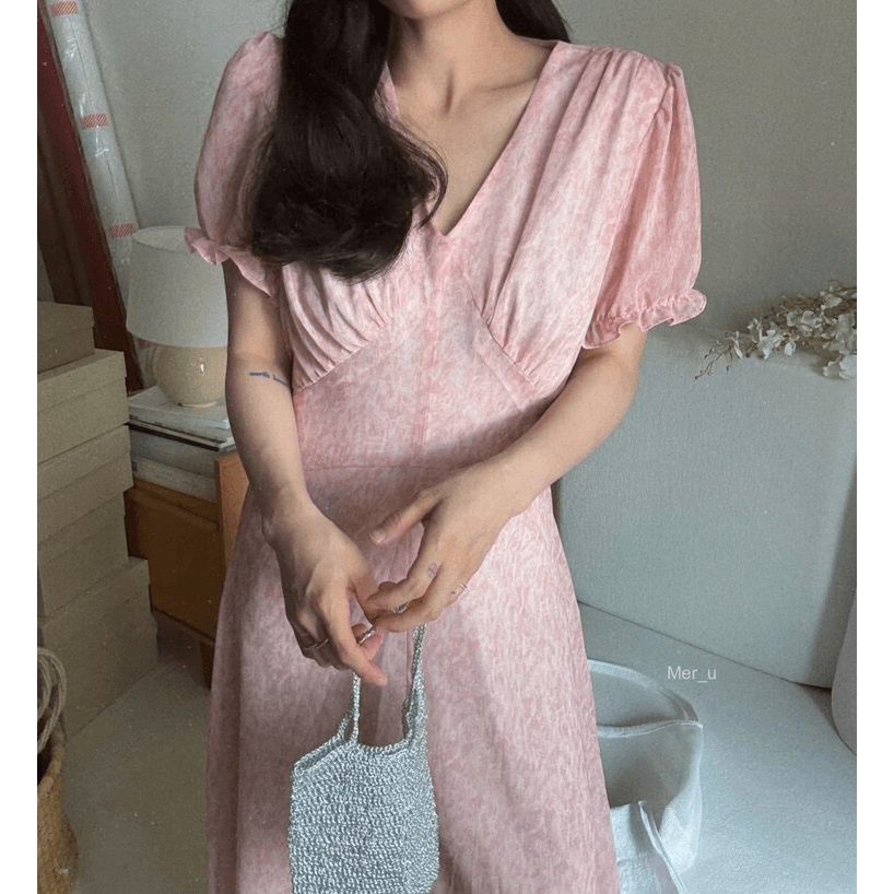 재고 있음 우아함 품격 V넥 레이스업 허리 수축 드레스 이미지 5