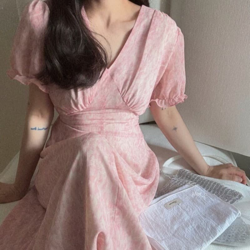 재고 있음 우아함 품격 V넥 레이스업 허리 수축 드레스 상세 이미지 8
