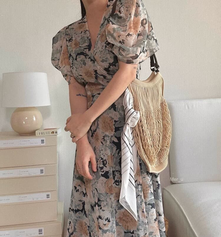 재고 있음 우아함 품격 레트로 꽃무늬 레이스업 드레스 상세 이미지 18