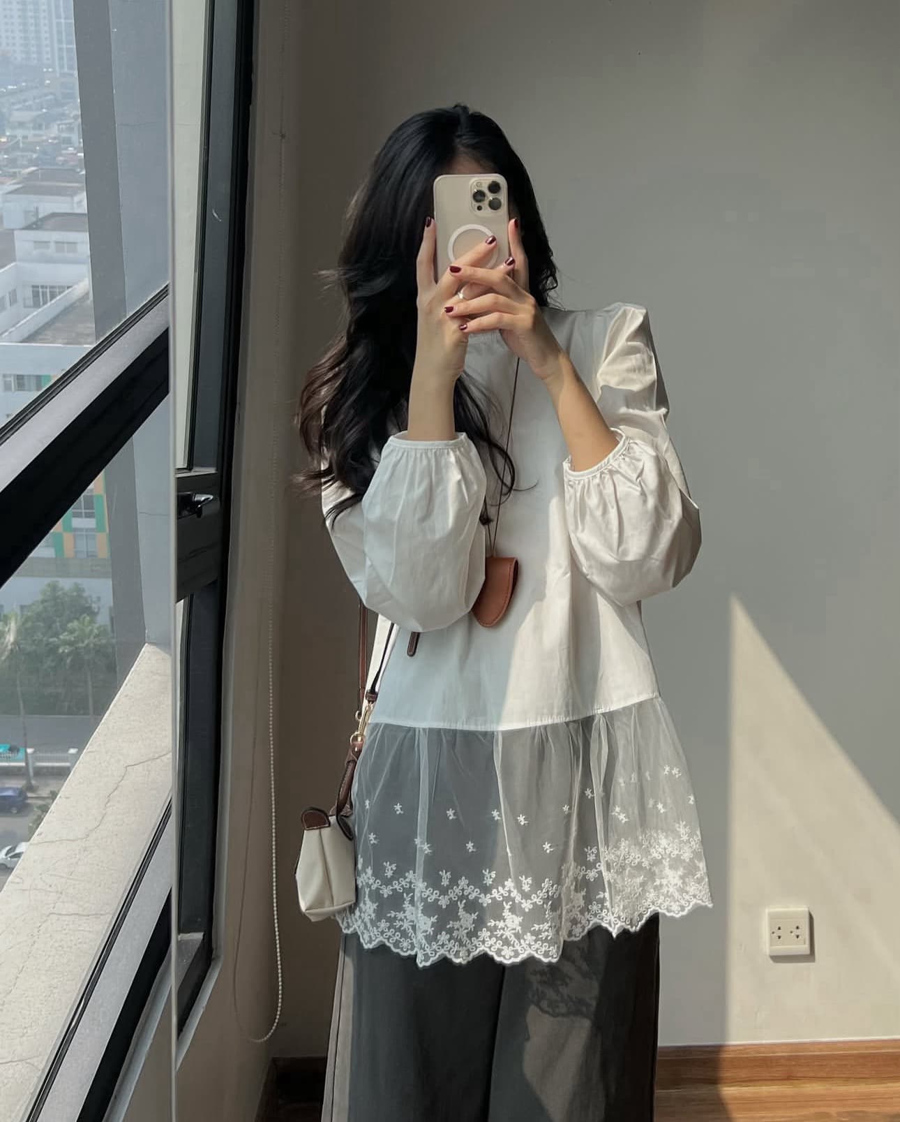 재고 있음 작은 대중 달콤함 레이스 패치워크 품격 셔츠 상세 이미지 8