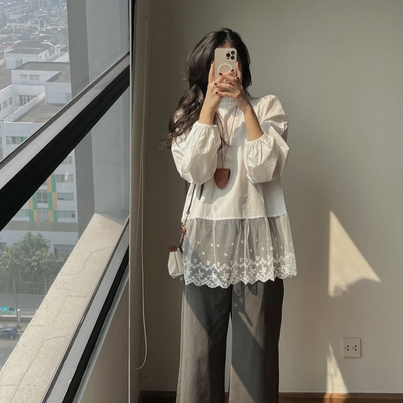 재고 있음 작은 대중 달콤함 레이스 패치워크 품격 셔츠 상세 이미지 10