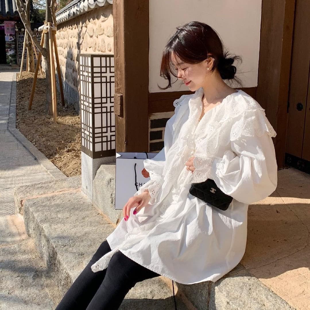 재고 있음 프랑스식 레트로 레이스 패치워크 셔츠 상세 이미지 7