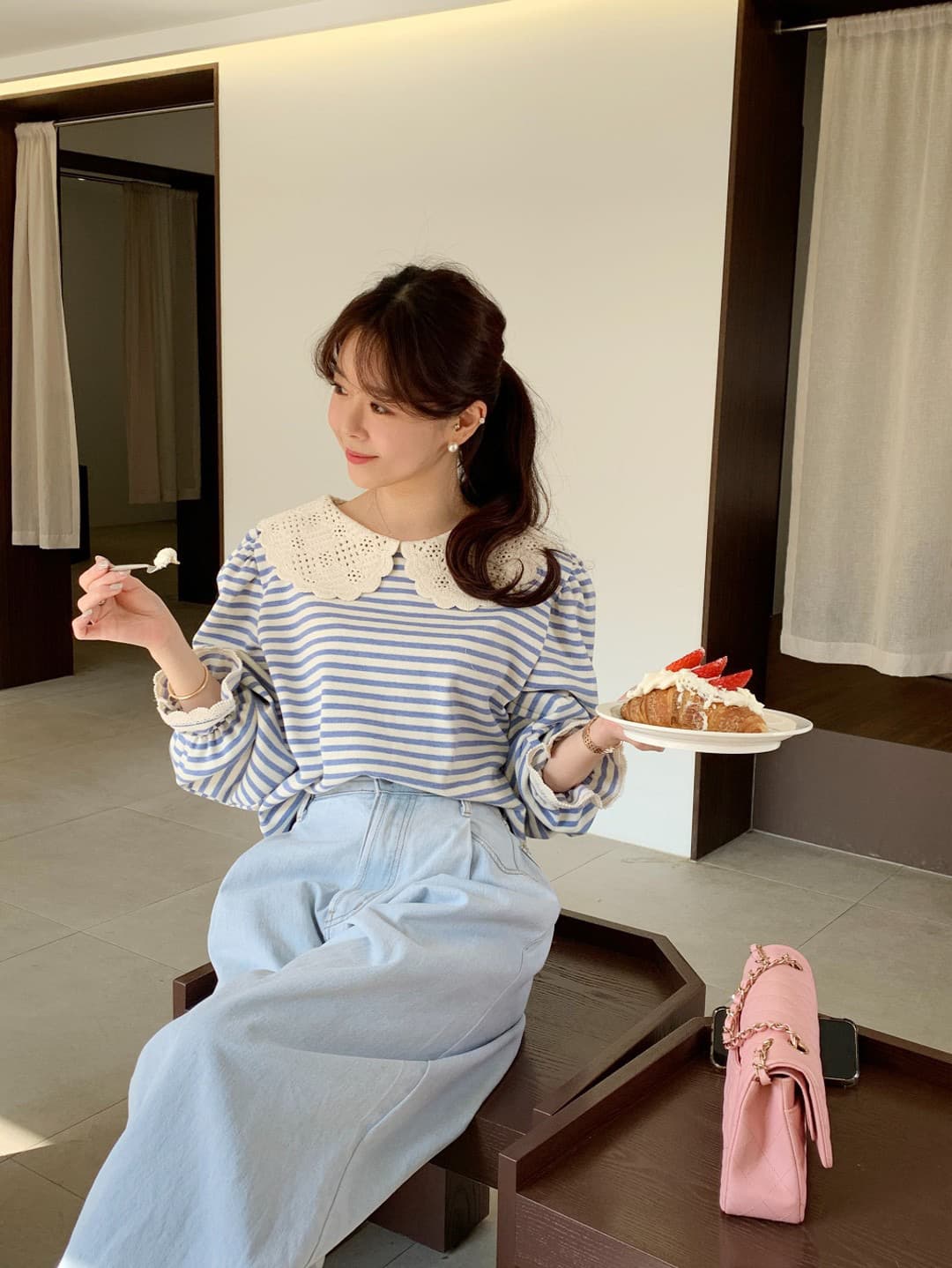 재고 있음 달콤함 레이스 패치워크 연령 감소 맨위 상세 이미지 1