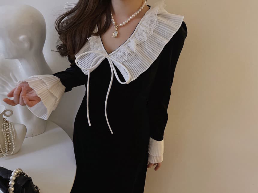 재고 있음 우아함 품격 배색 패치워크 드레스 이미지 4