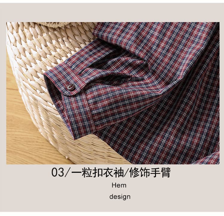 실사 순면 빨간색 체크무늬 여성 셔츠 레트로 맨위 캐주얼 폴로 칼라 긴팔 셔츠 상세 이미지 6