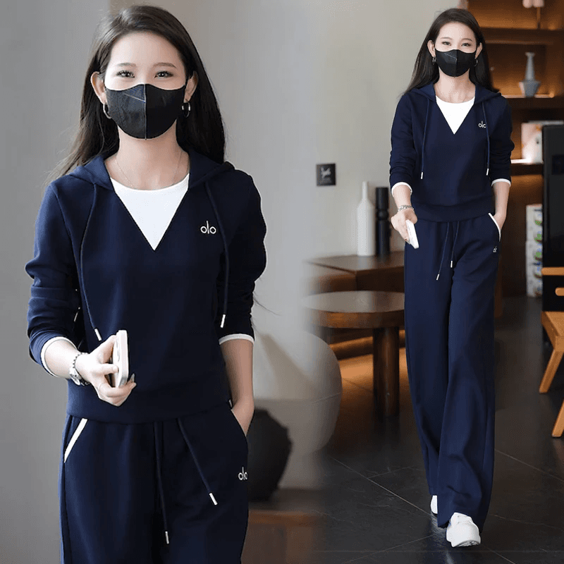 페이크 레이어드 배색 연령 감소 후드 한국 스타일 루즈핏 캐주얼 세트 와이드 레깅스 바지 2026 봄과 가을 옷 새로운 긴팔 이미지 2