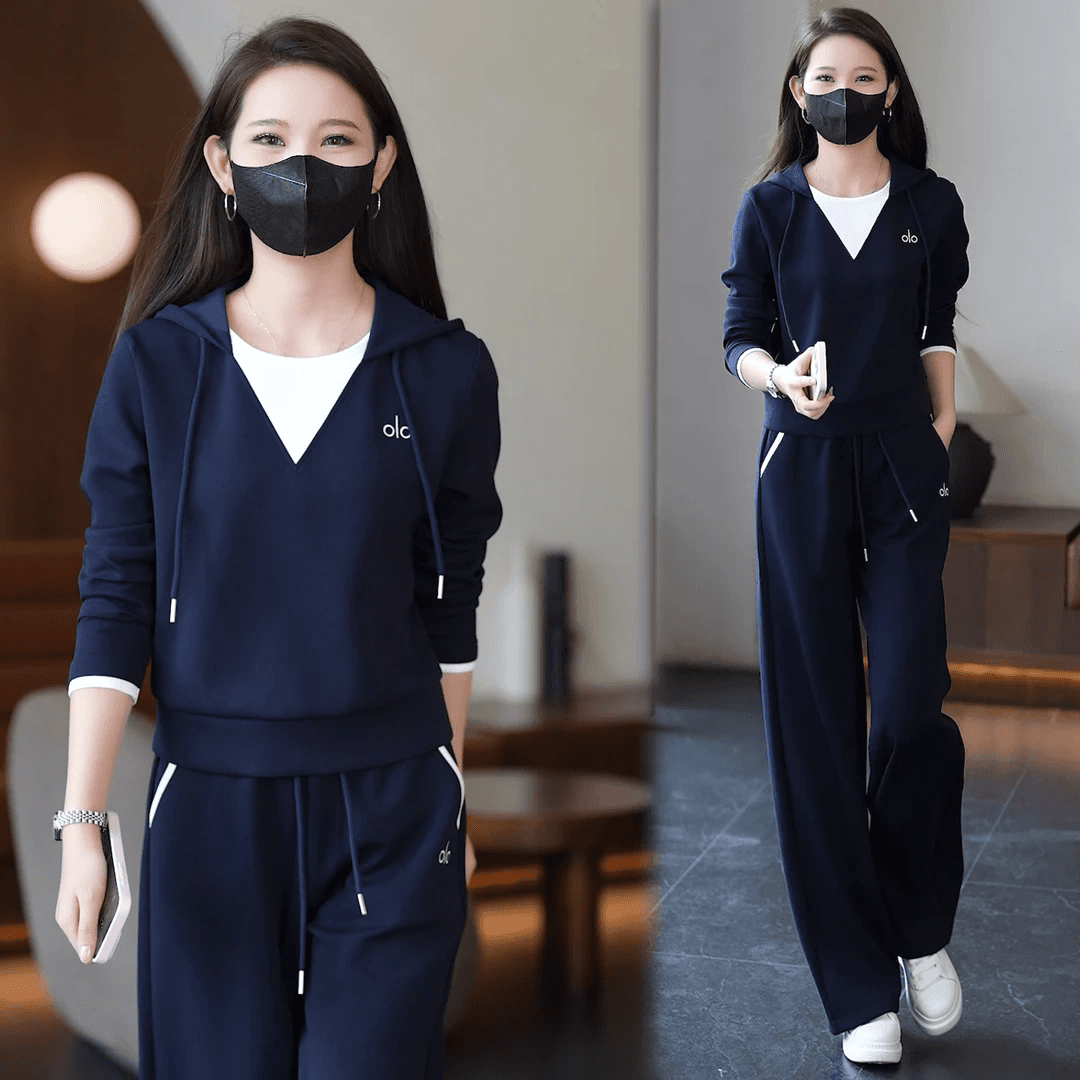 페이크 레이어드 배색 연령 감소 후드 한국 스타일 루즈핏 캐주얼 세트 와이드 레깅스 바지 2026 봄과 가을 옷 새로운 긴팔 이미지 3