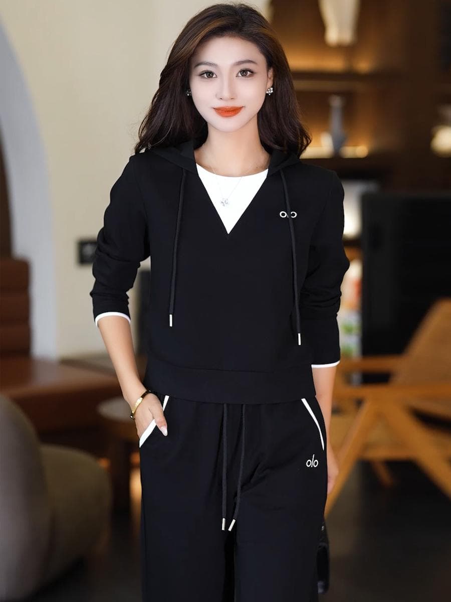 페이크 레이어드 배색 연령 감소 후드 한국 스타일 루즈핏 캐주얼 세트 와이드 레깅스 바지 2026 봄과 가을 옷 새로운 긴팔 상세 이미지 2