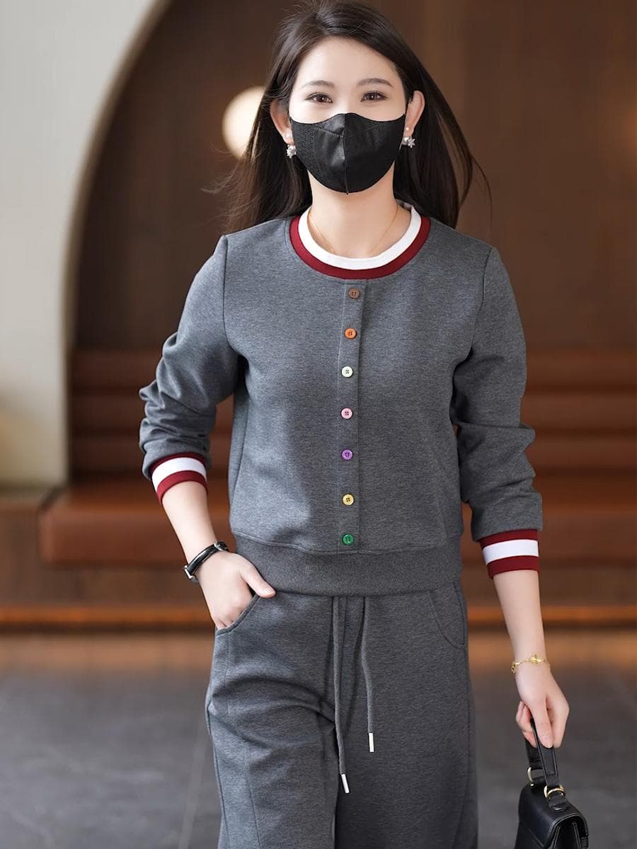 2026 봄 가을 여성 라운드 넥 루즈핏 외국 가스 스포츠 슈트 캐주얼 패션 연령 감소 투피스 세트 색상 버클 상세 이미지 15