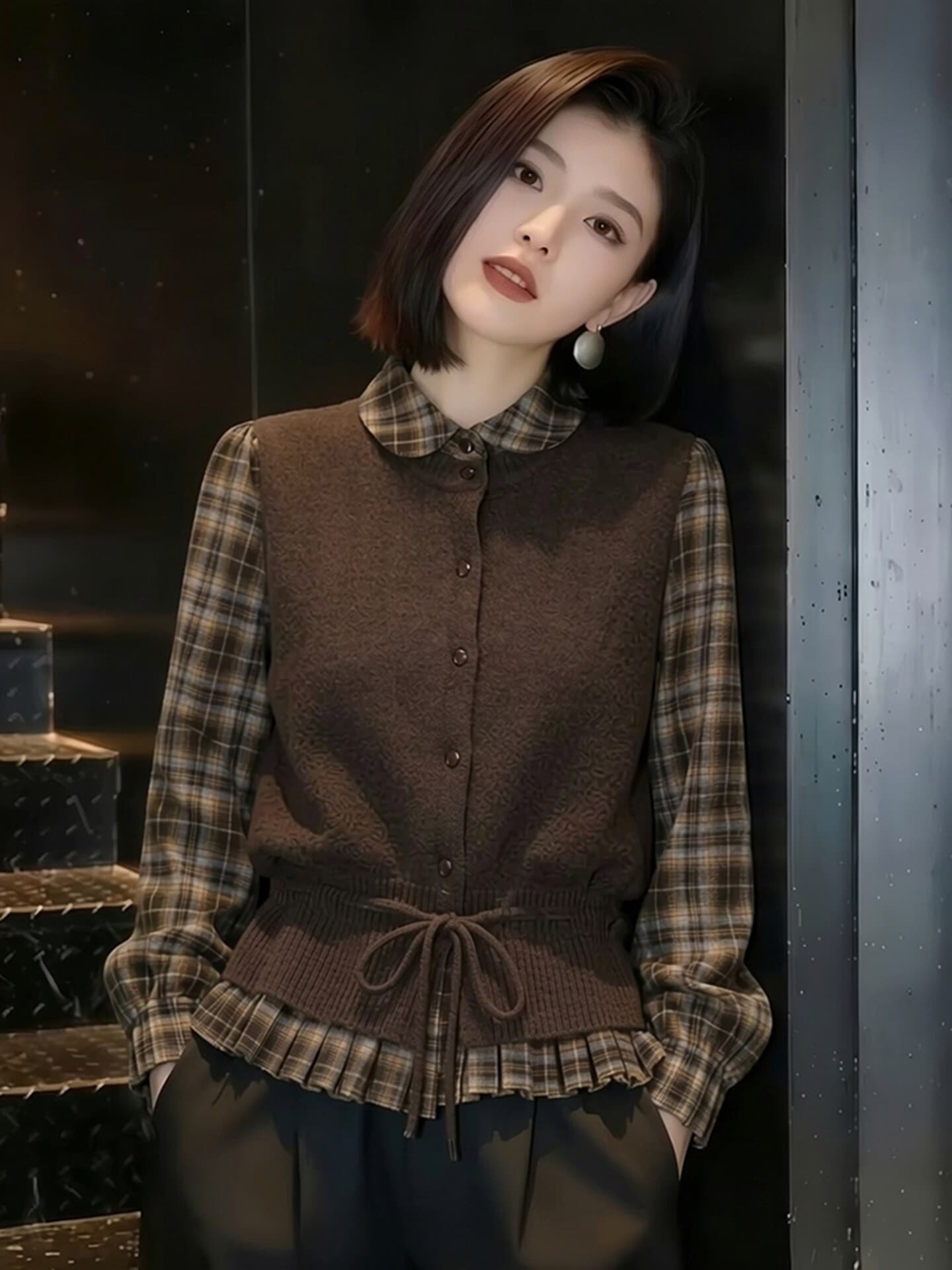 패션 커피 색상 니트 레이스업 베스트 세트 여성 2026 봄 새로운 패션 슬림해 보이는 격자 무늬 셔츠 투피스 세트 상세 이미지 10