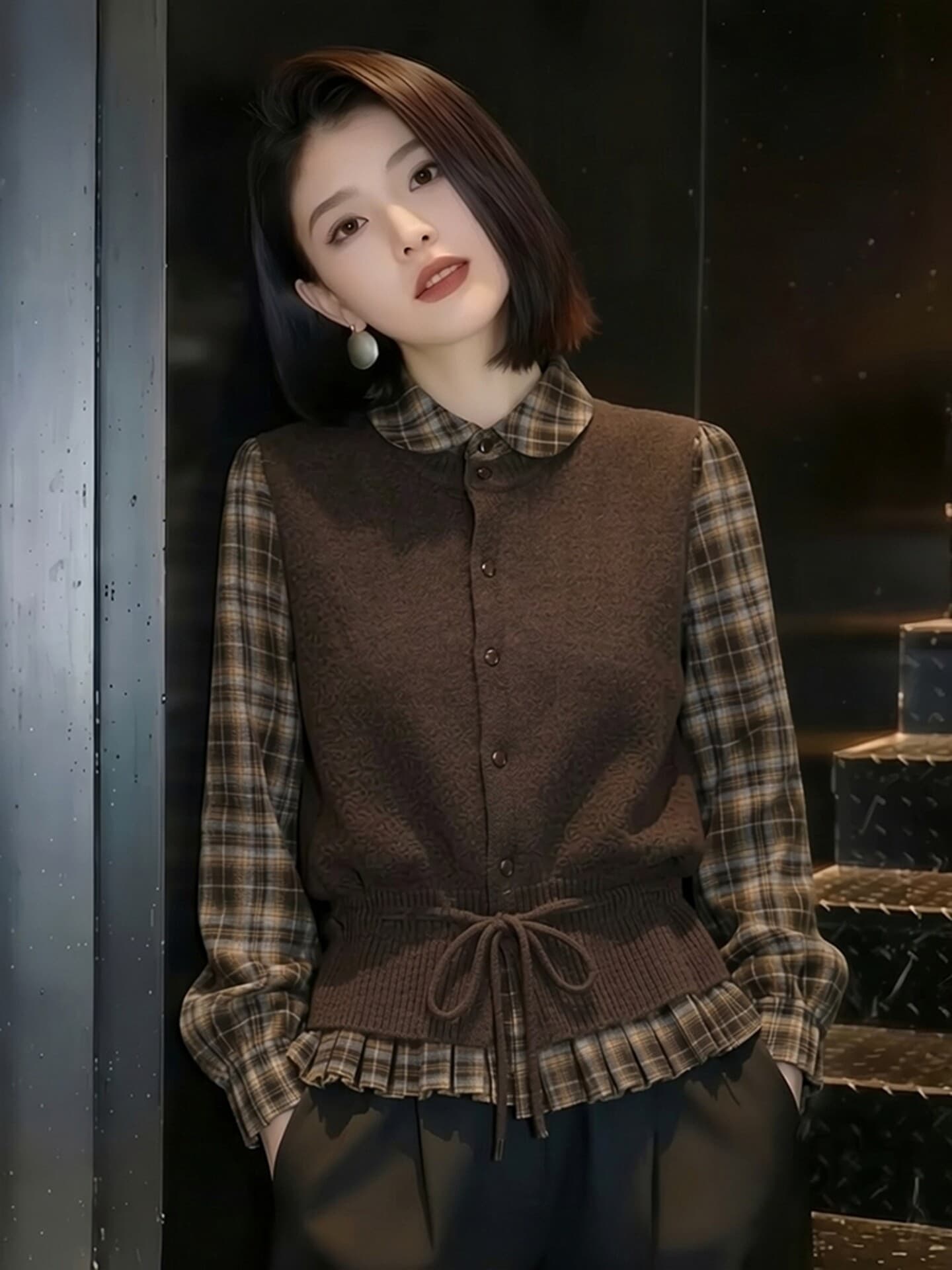 패션 커피 색상 니트 레이스업 베스트 세트 여성 2026 봄 새로운 패션 슬림해 보이는 격자 무늬 셔츠 투피스 세트 상세 이미지 11