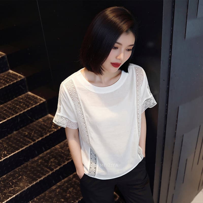 느슨함 센스 빛 요리 한 우아함 바람 화이트 레이스 홀로우 아웃 반팔 맨위 여성 라운드 넥 슬림해 보이는 다용도 디자인 센스 출퇴근 상세 이미지 4