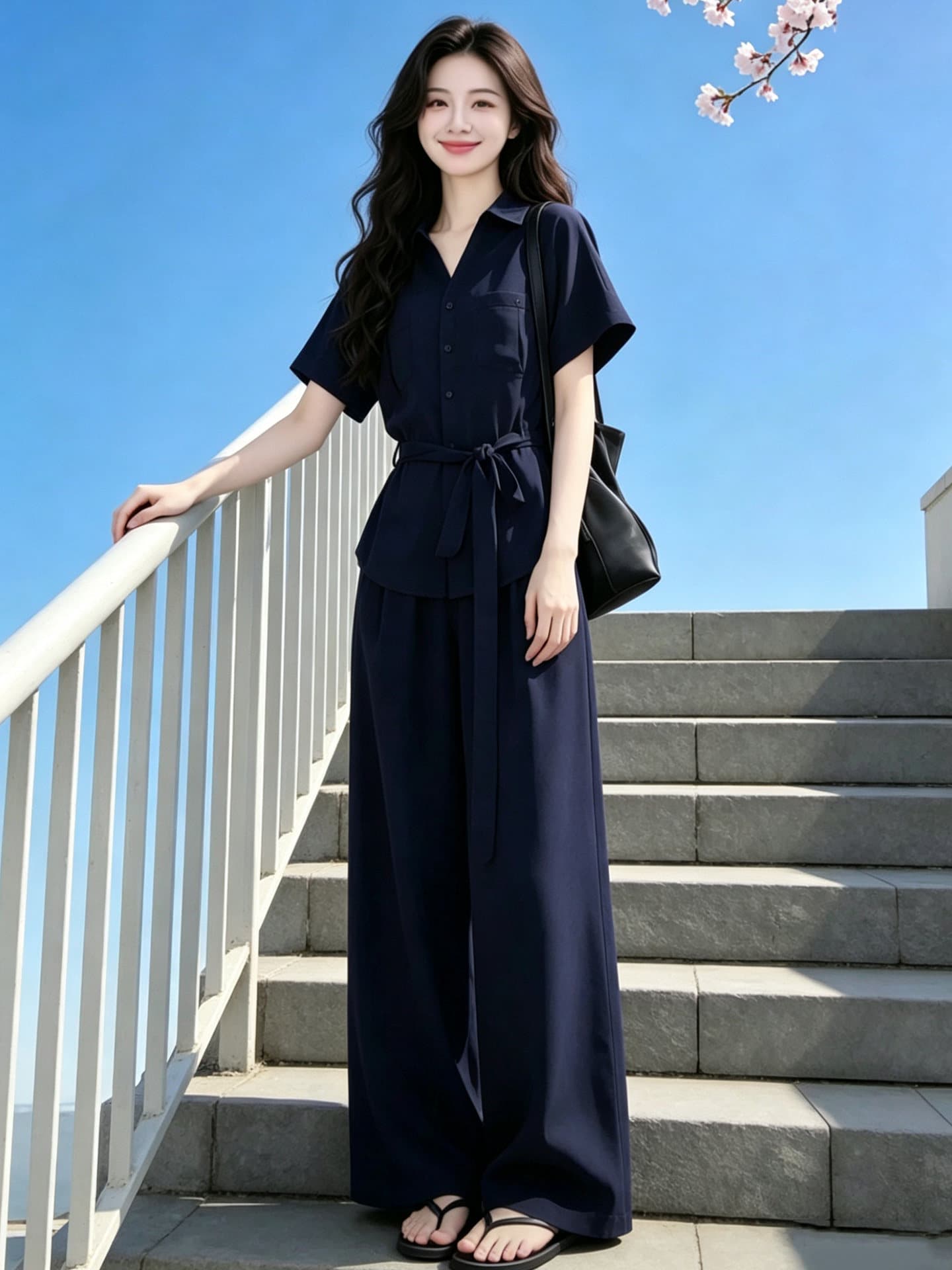 느슨함 센스 품격 오래된 돈 바람 아마 세트 여성 여름 블루 색상 반팔 레이스 업 셔츠 와이드 레그 팬츠 투피스 세트 상세 이미지 11