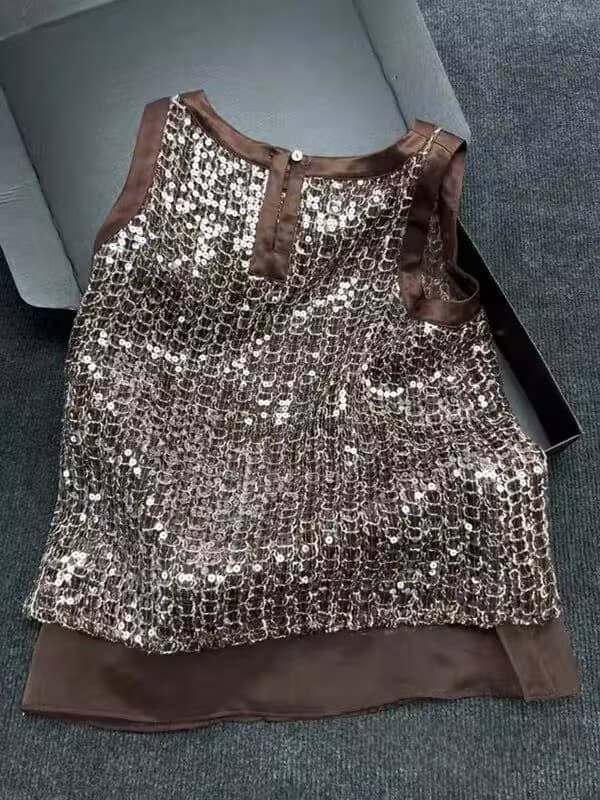 의미 럭셔리 b c 오래된 돈 바람 실크 유럽 오간자 무거운 작업 구슬 조각 조끼 여성 뽕나무 누에 실크 여름 민소매 맨위 상세 이미지 3