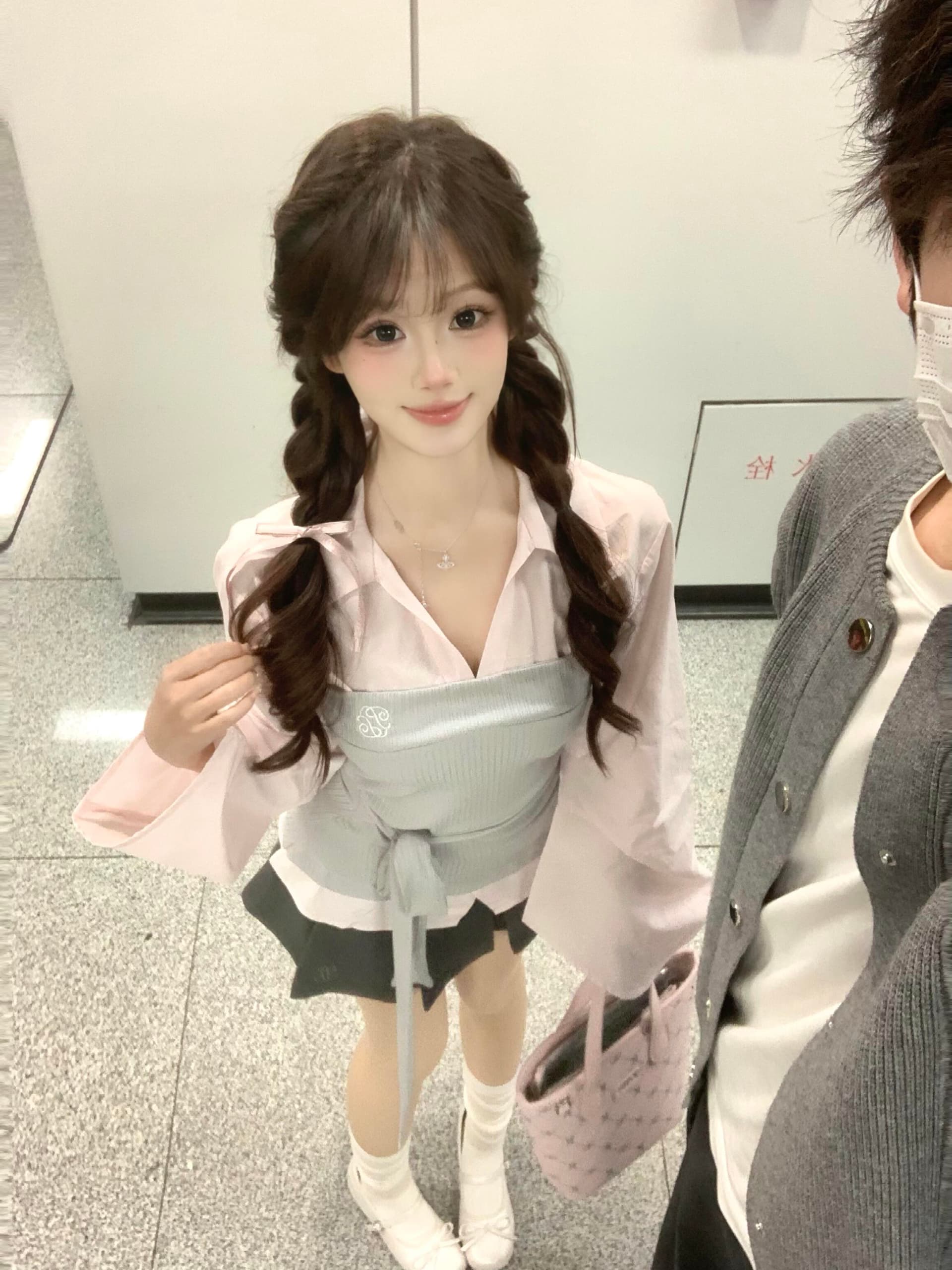패치워크 페이크 레이어드 셔츠 작은 대중 배색 셔츠 허리 수축 긴팔 맨위 상세 이미지 1
