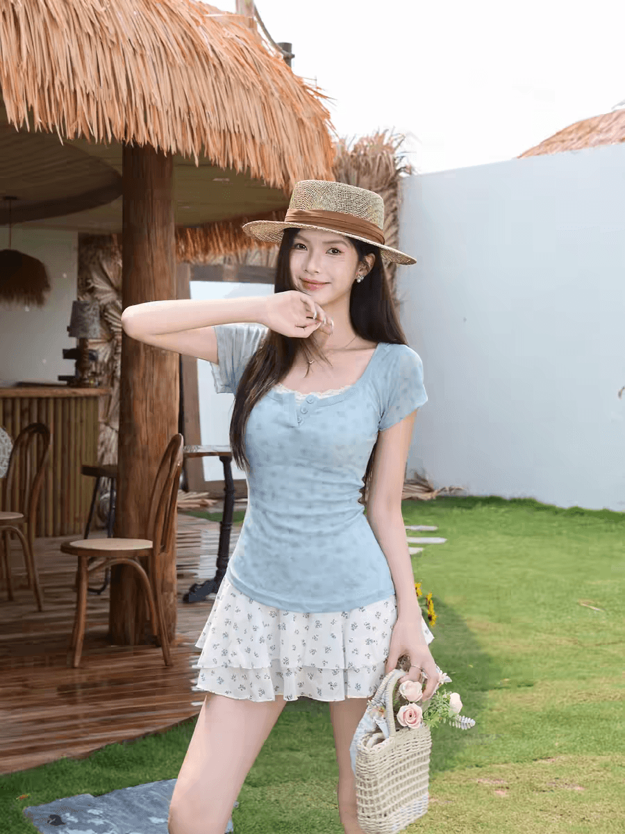 오리지널 순수한 욕망 핫걸 광장 칼라 꽃무늬 반팔 여성 드레스 여름 특별 아름다운 꼬집기 허리 작은 치마 상세 이미지 2