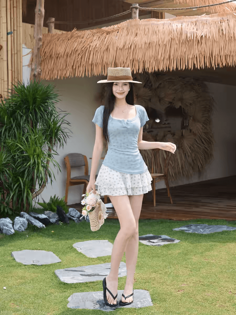 오리지널 순수한 욕망 핫걸 광장 칼라 꽃무늬 반팔 여성 드레스 여름 특별 아름다운 꼬집기 허리 작은 치마 상세 이미지 6