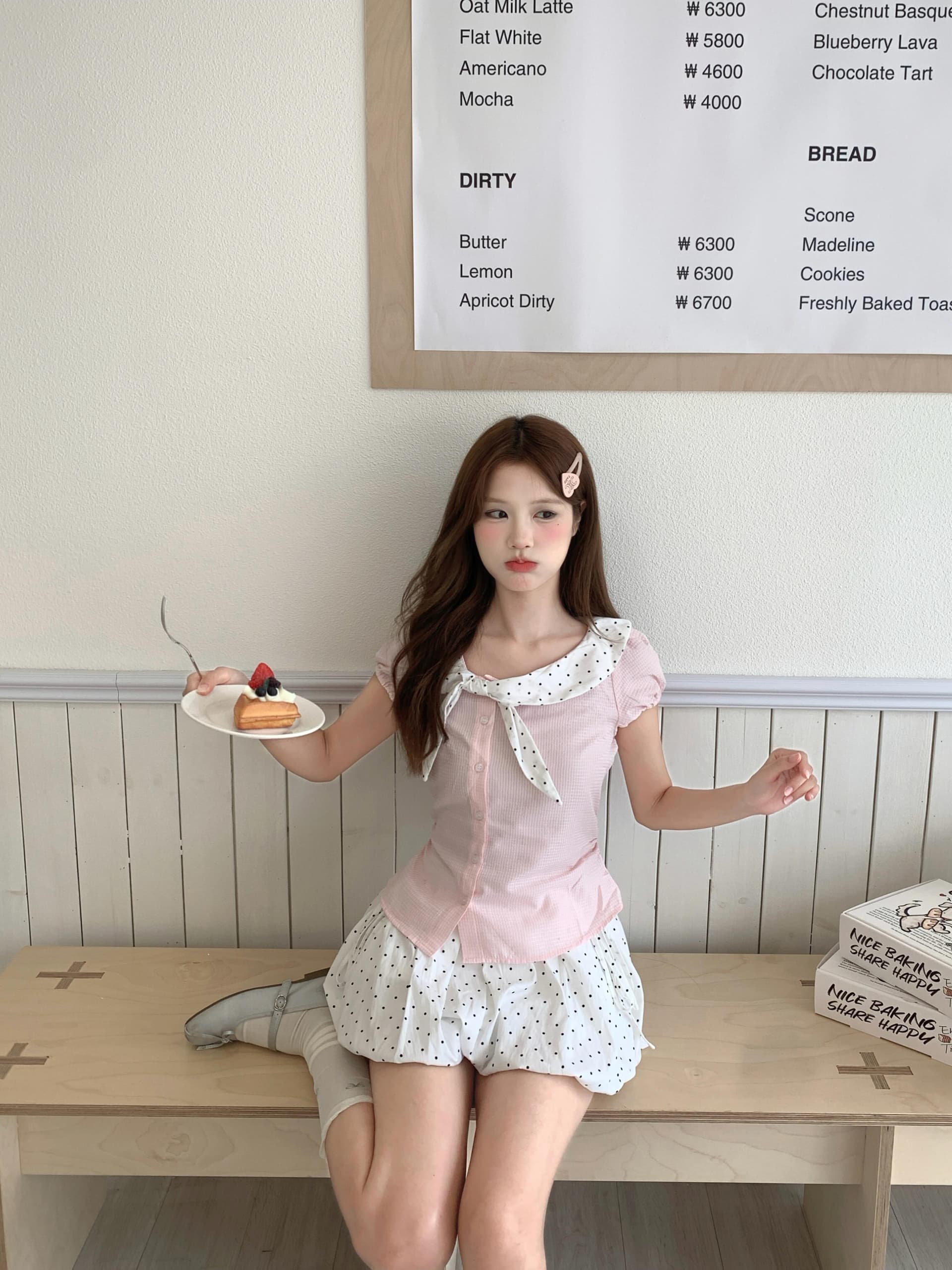 여름 달콤함 도트 무늬 나비 매듭 칼라 패치워크 비스듬한 문 襟 몸매 가꾸기 셔츠 상세 이미지 1