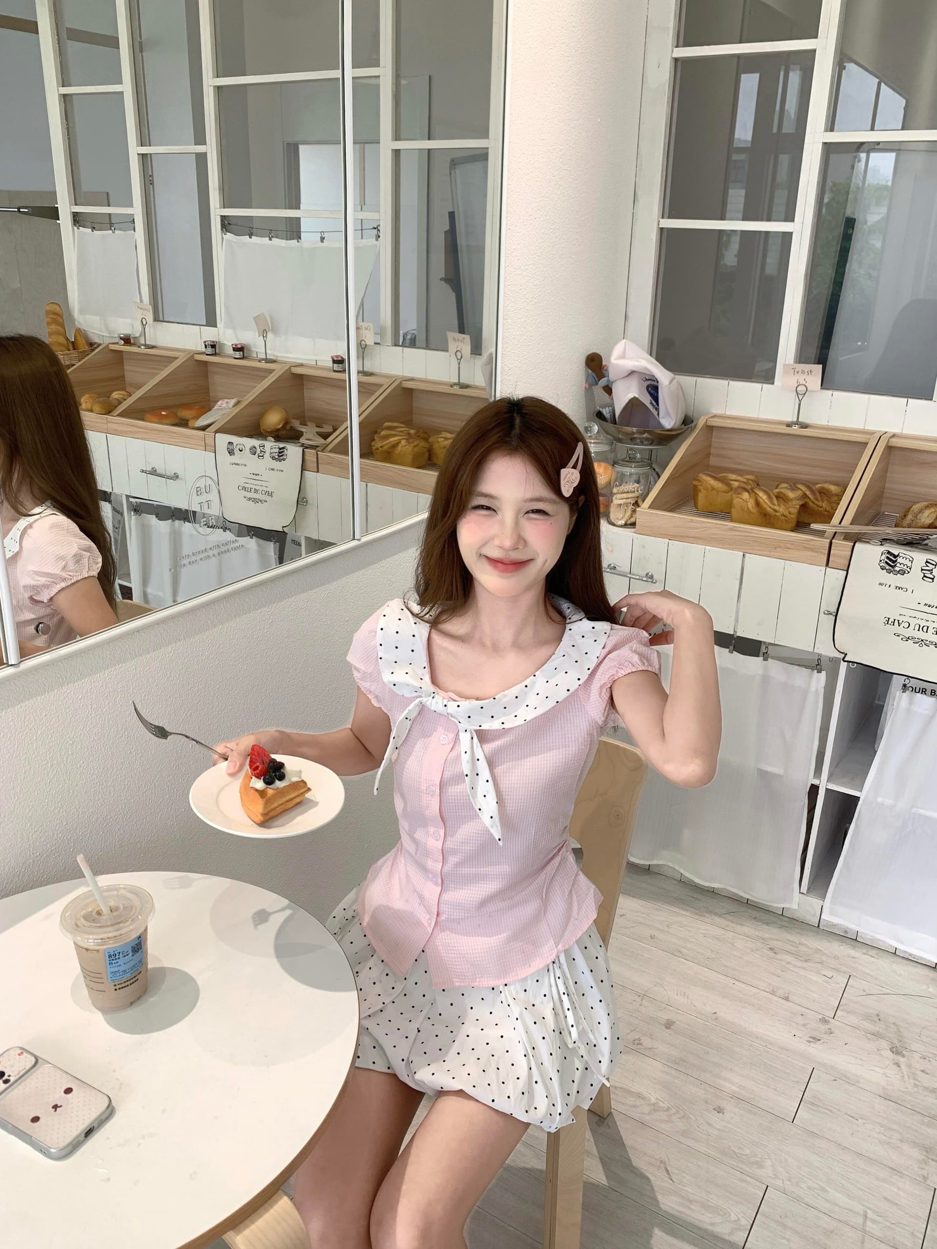 여름 달콤함 도트 무늬 나비 매듭 칼라 패치워크 비스듬한 문 襟 몸매 가꾸기 셔츠 상세 이미지 4