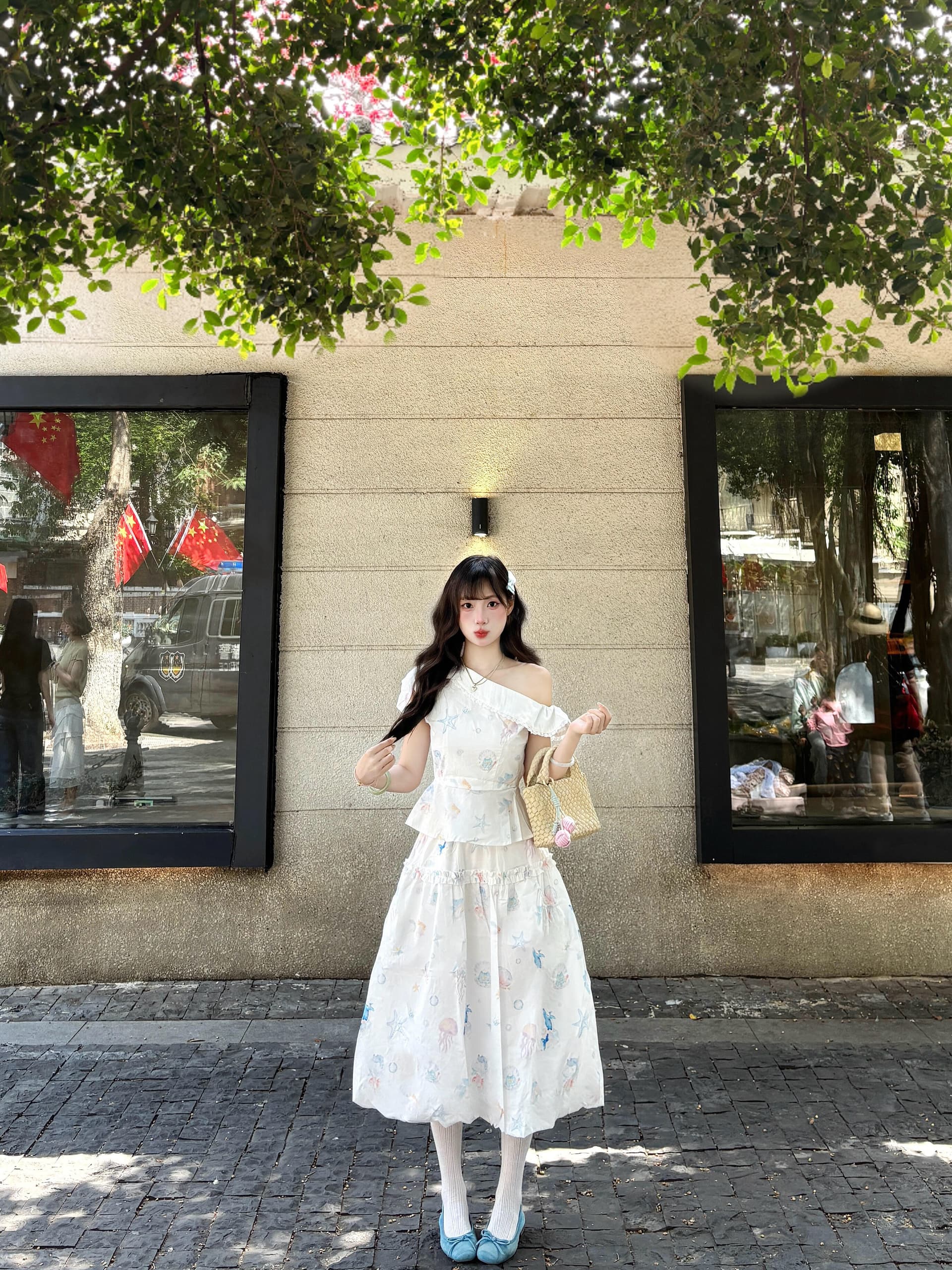꿈 바다 오리지널 작은 대중 프린트 치마 세트 여성 세련된 휴가 바람 드레스 투피스 세트 상세 이미지 2