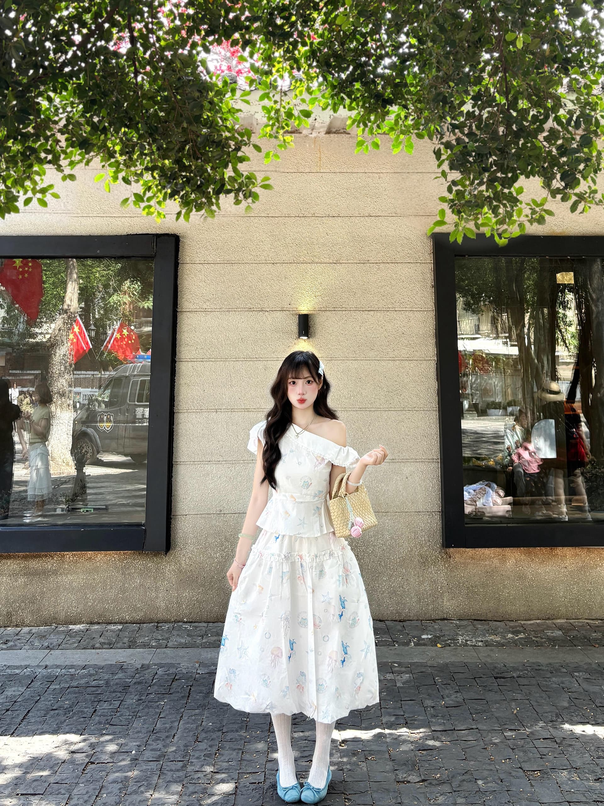 꿈 바다 오리지널 작은 대중 프린트 치마 세트 여성 세련된 휴가 바람 드레스 투피스 세트 상세 이미지 3
