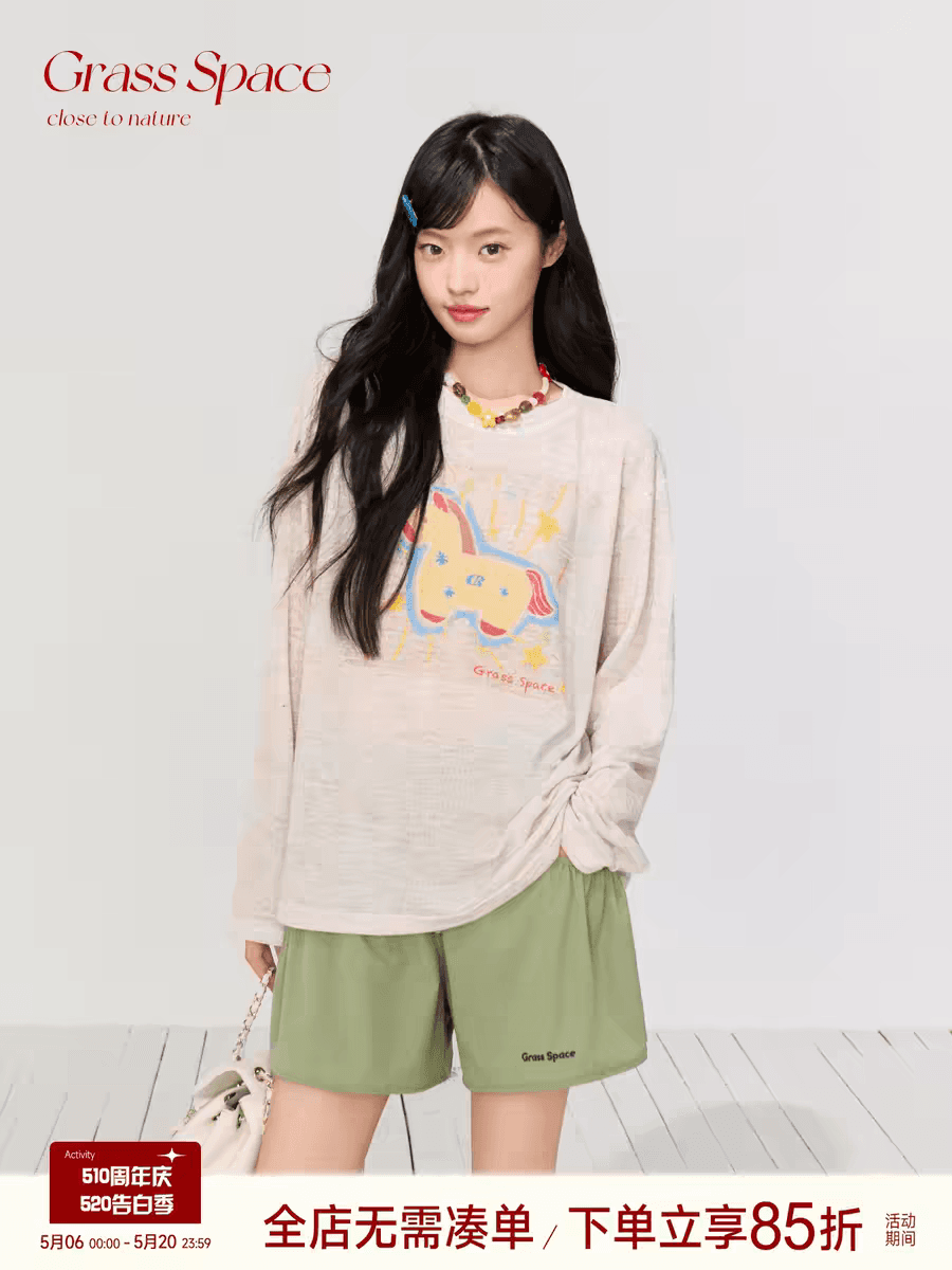 작은 말 프린트 블라우스 티셔츠 여성 여름 얇은 스타일 루즈핏 느긋한 바람 자외선 차단 긴팔 상세 이미지 7