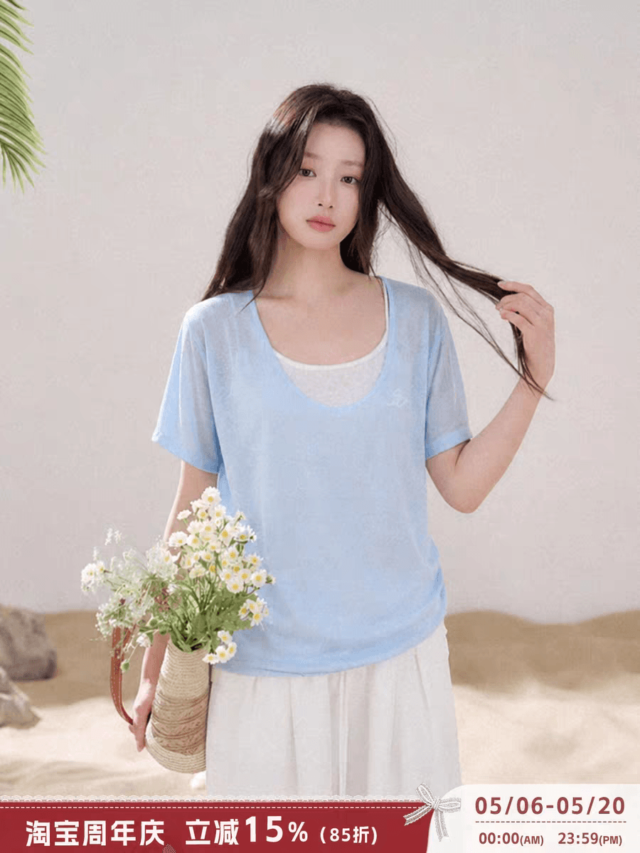 in 라이 경기 서울 반팔 티셔츠 여성 허리 수축 다용도 캐주얼 여름 얼음 실크 루즈핏 짧은 맨위 블라우스 상세 이미지 1