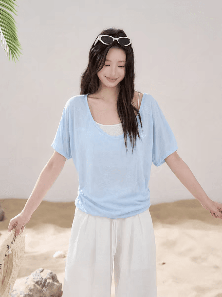 in 라이 경기 서울 반팔 티셔츠 여성 허리 수축 다용도 캐주얼 여름 얼음 실크 루즈핏 짧은 맨위 블라우스 상세 이미지 5