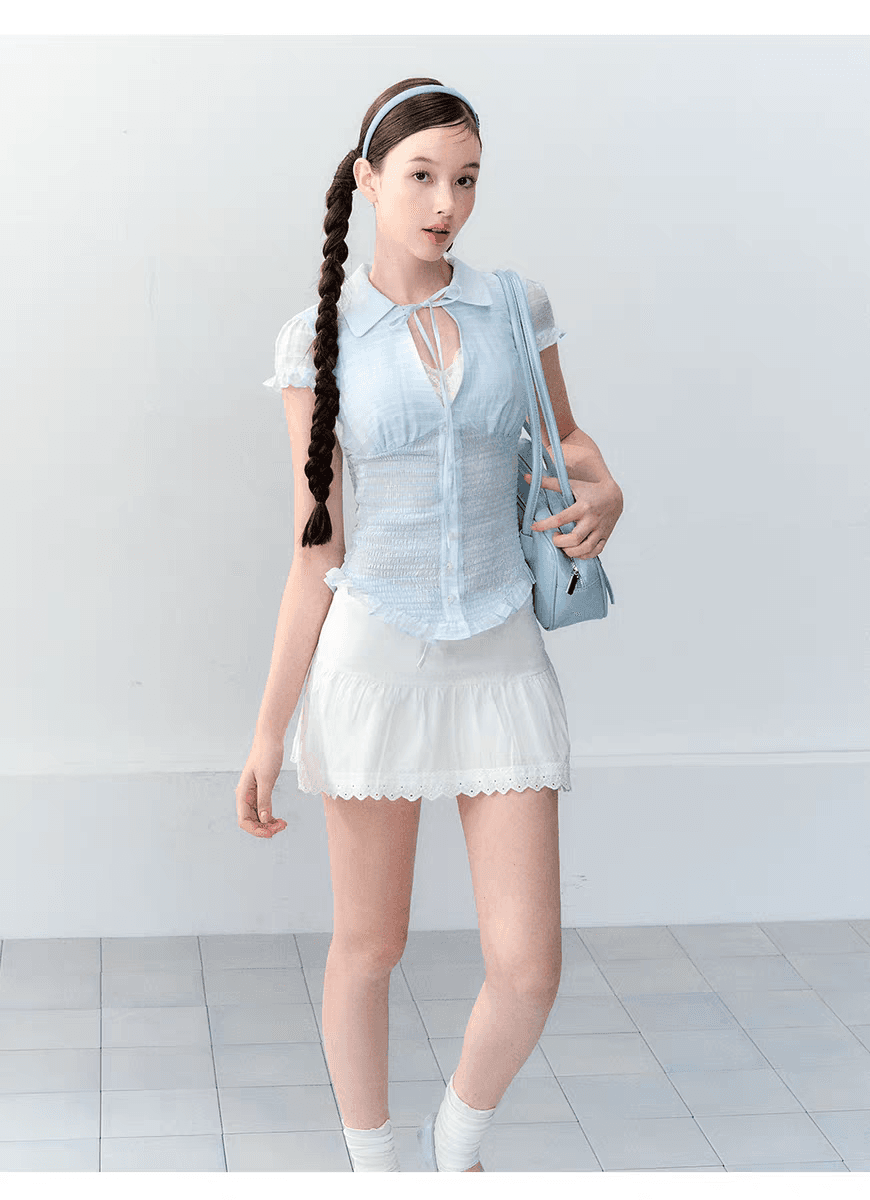 오리지널 라이 경기 서울 한 부서 프릴 허리 명중 가져 가라. 몸매 가꾸기 뽕나무 누에 실크 셔츠 맨위 상세 이미지 5