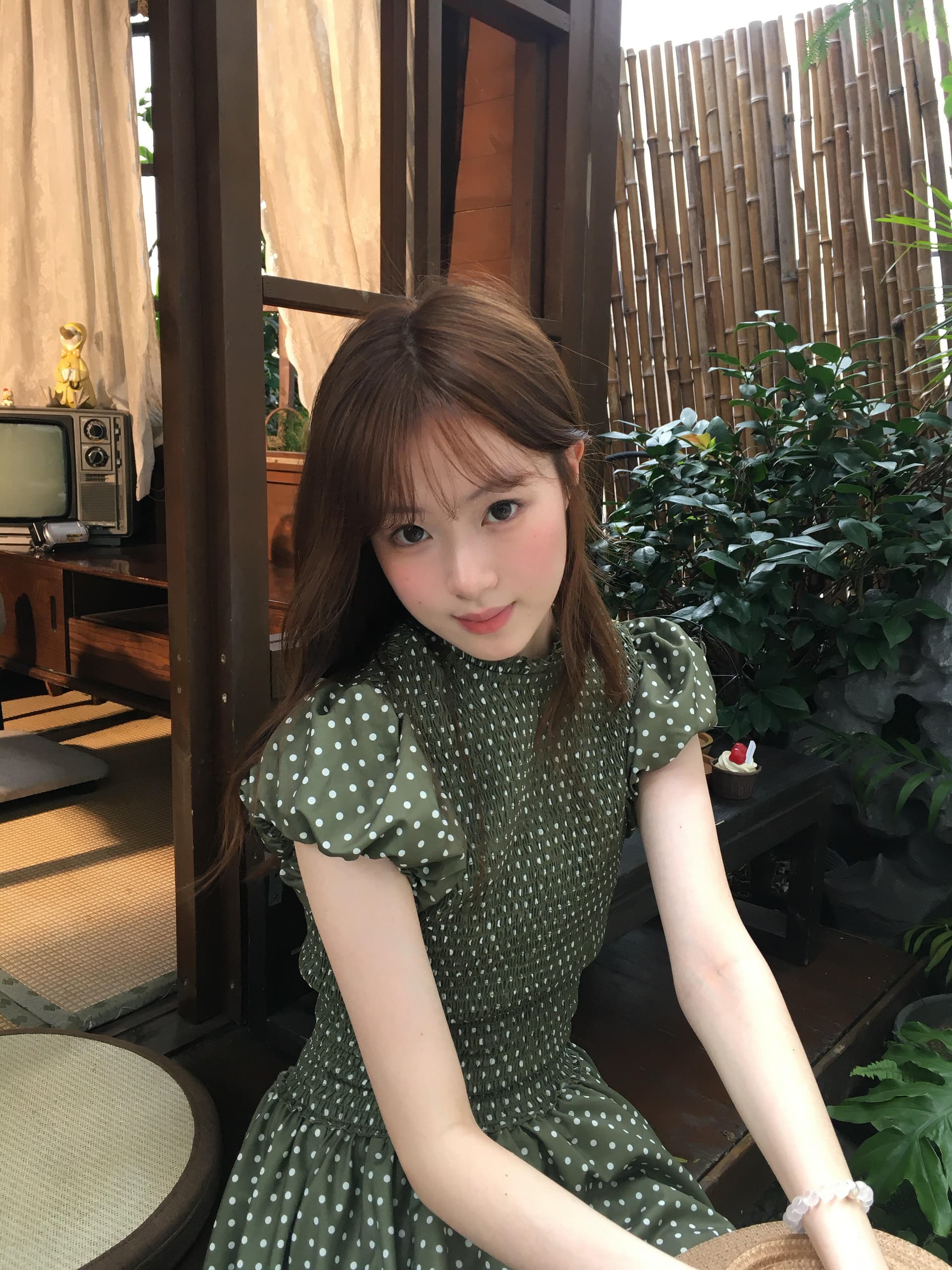 도트 무늬 랩소디 레트로 고급 센스 녹색 도트 무늬 드레스 신축성 허리 수축 A라인 스커트 이미지 4