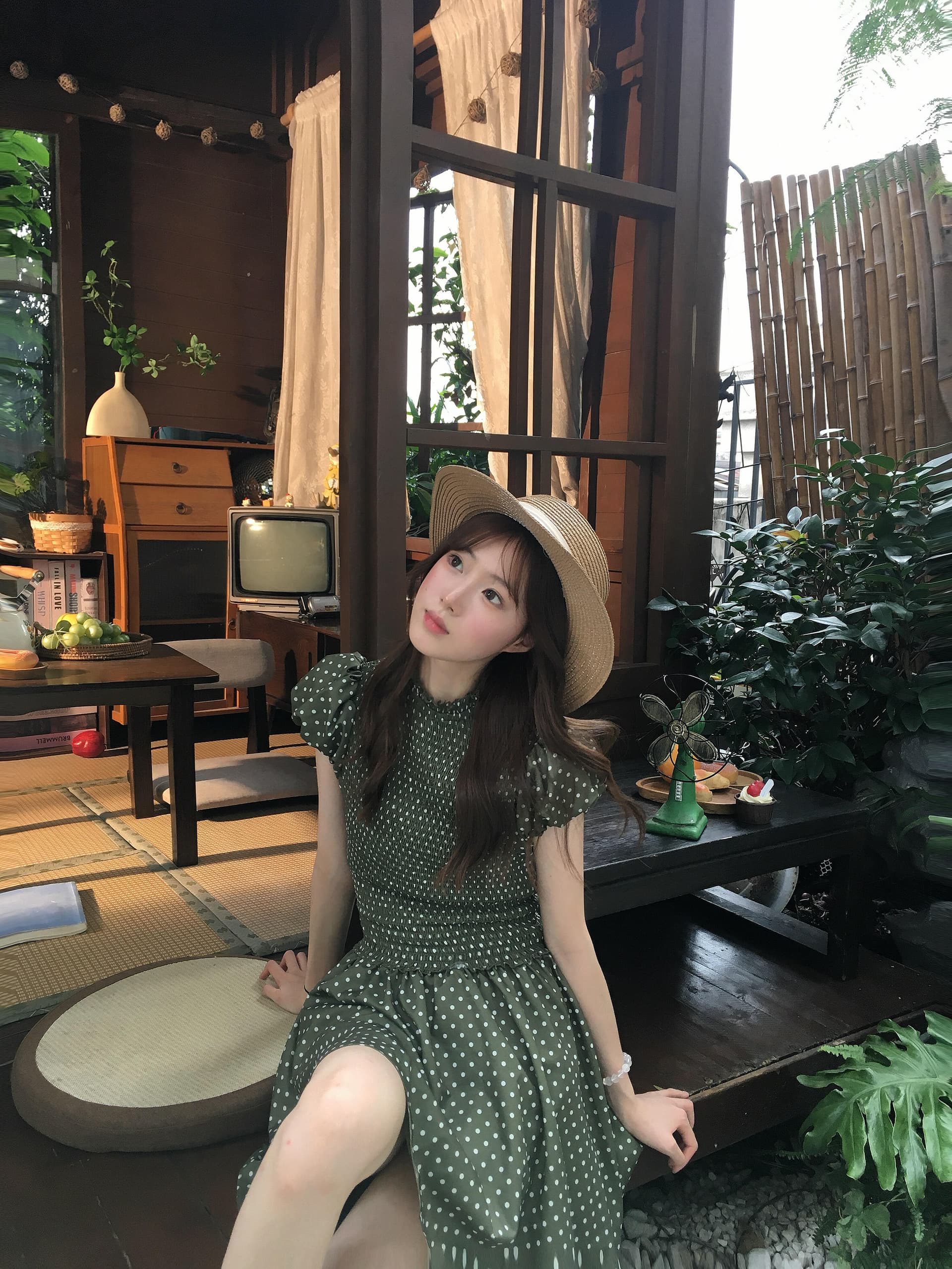 도트 무늬 랩소디 레트로 고급 센스 녹색 도트 무늬 드레스 신축성 허리 수축 A라인 스커트 이미지 5