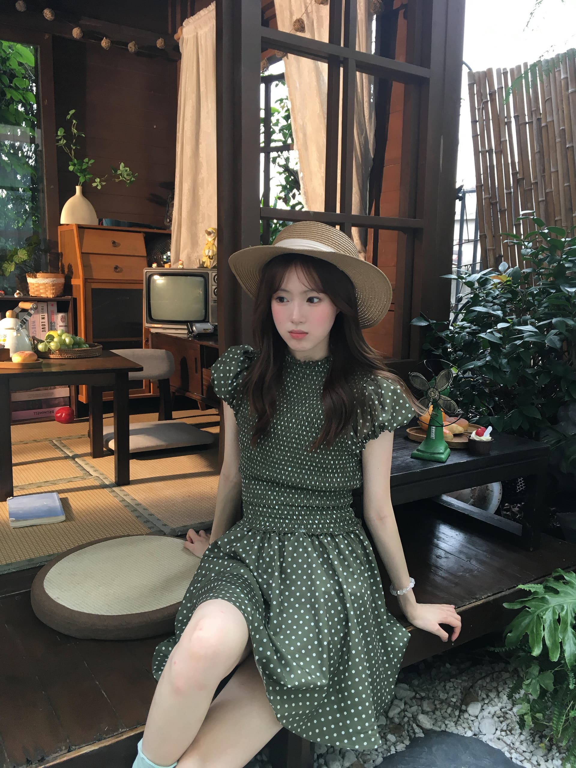 도트 무늬 랩소디 레트로 고급 센스 녹색 도트 무늬 드레스 신축성 허리 수축 A라인 스커트 이미지 2