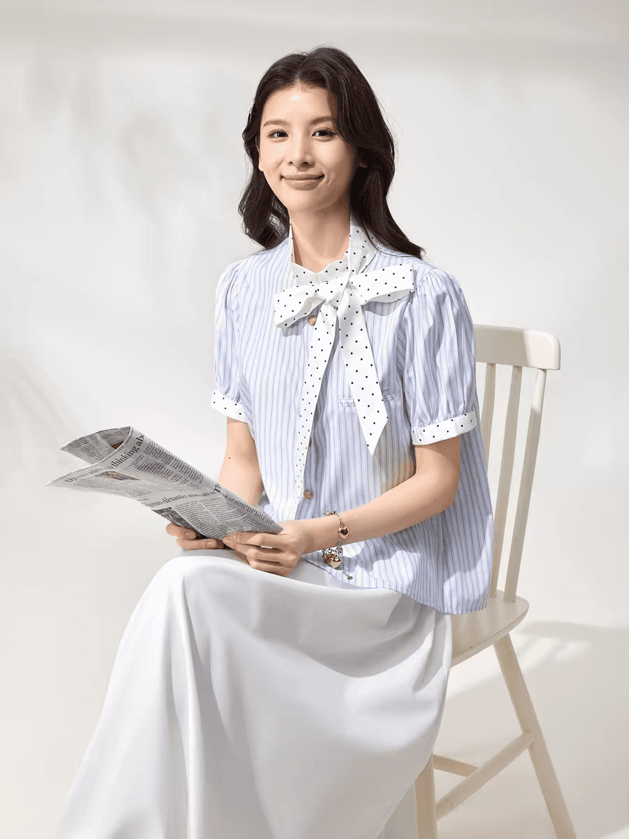 황야 공간 grass space 파란색 스트라이프 거품 소매 티셔츠 여성 여름 한 부서 학원 스타일 나비 매듭 반팔 상세 이미지 2