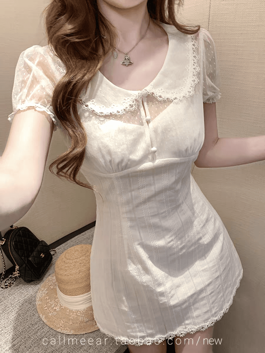 오리지널 고백 레터 헤드 홀로우 아웃 페이크 레이어드 레이스 측면 베이비 칼라 허리 수축 드레스 상세 이미지 2