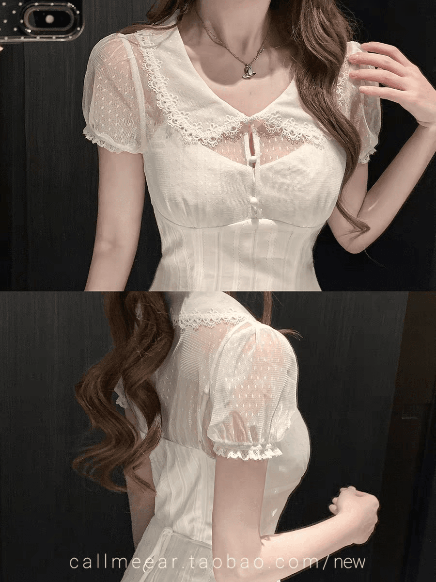 오리지널 고백 레터 헤드 홀로우 아웃 페이크 레이어드 레이스 측면 베이비 칼라 허리 수축 드레스 상세 이미지 4