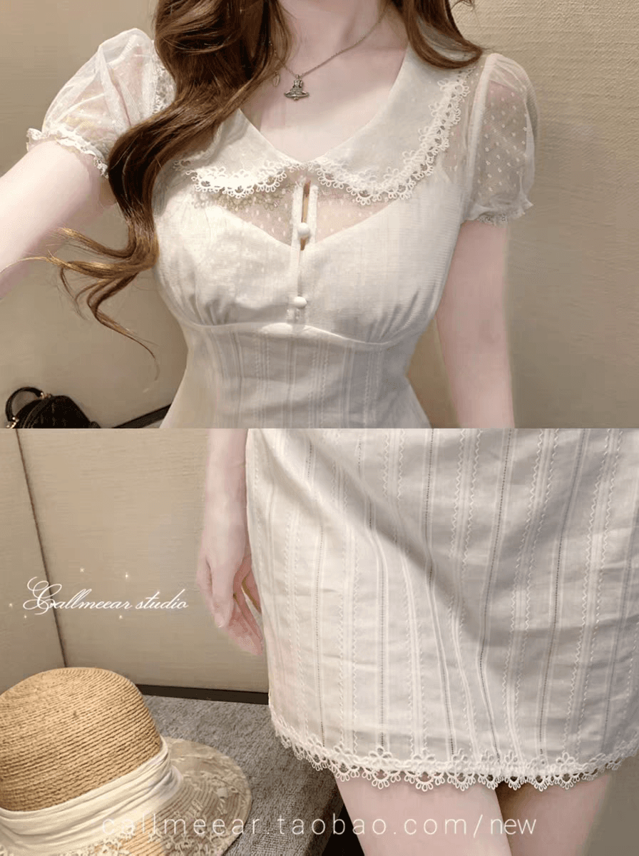 오리지널 고백 레터 헤드 홀로우 아웃 페이크 레이어드 레이스 측면 베이비 칼라 허리 수축 드레스 상세 이미지 6
