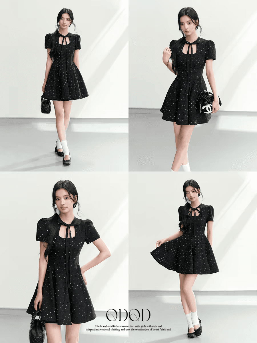 qdqd 우아함 품격 검정색 도트 무늬 드레스 여름 새로운 허리 수축 슬림해 보이는 고급 센스 반팔 퍼프 스커트 이미지 3