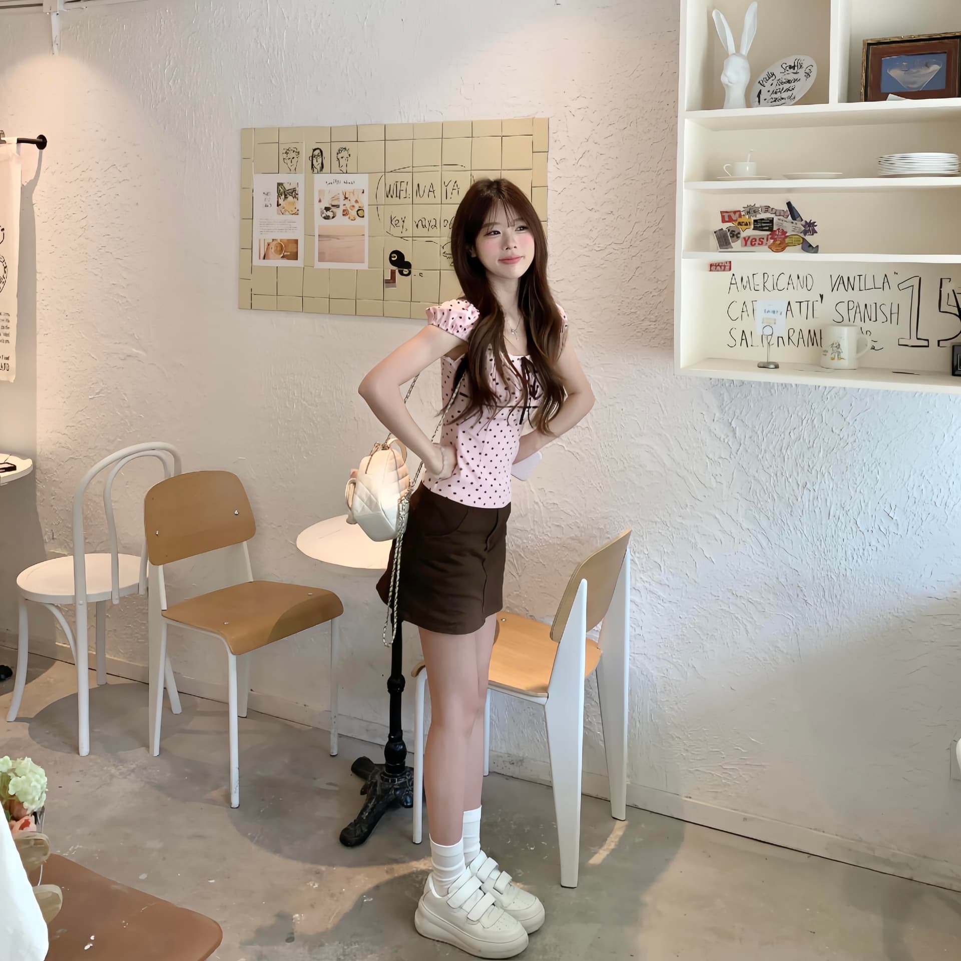 bubbleley 핑크색 도트 무늬 맨위 허리 수축 스트랩 나비 매듭 레이스 티셔츠 슬립 다용도 조끼 반팔 이미지 5