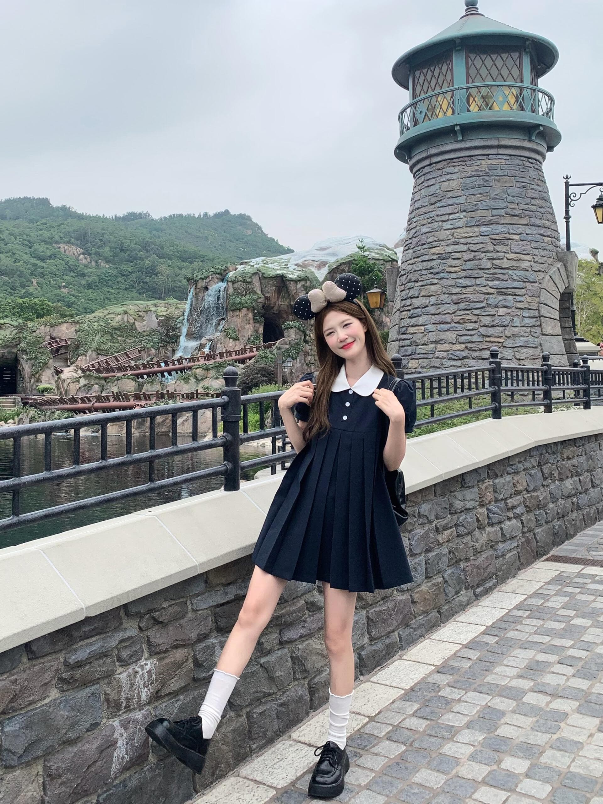 우아함 천 골드 센스 해군 드레스 여름 새로운 베이비 칼라 거품 소매 A라인 스커트 상세 이미지 4