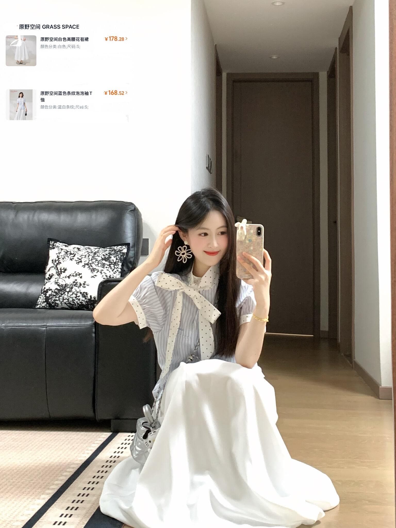 황야 공간 grass space 파란색 스트라이프 거품 소매 티셔츠 여성 여름 한 부서 학원 스타일 나비 매듭 반팔 상세 이미지 4