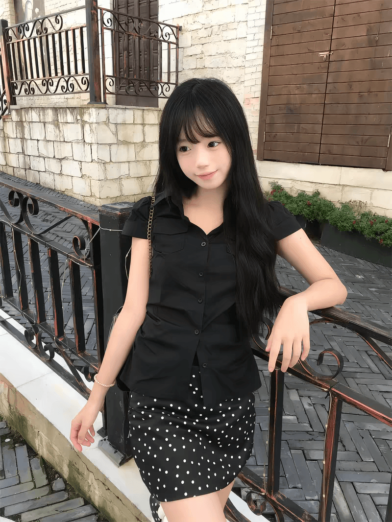 여름 한 부서 출퇴근 순수한 욕망 품격 착용 가져 가라. 검정색 긍정적 인 어깨 반팔 셔츠 슬림해 보이는 도트 무늬 반신 스커트 투피스 세트 상세 이미지 6
