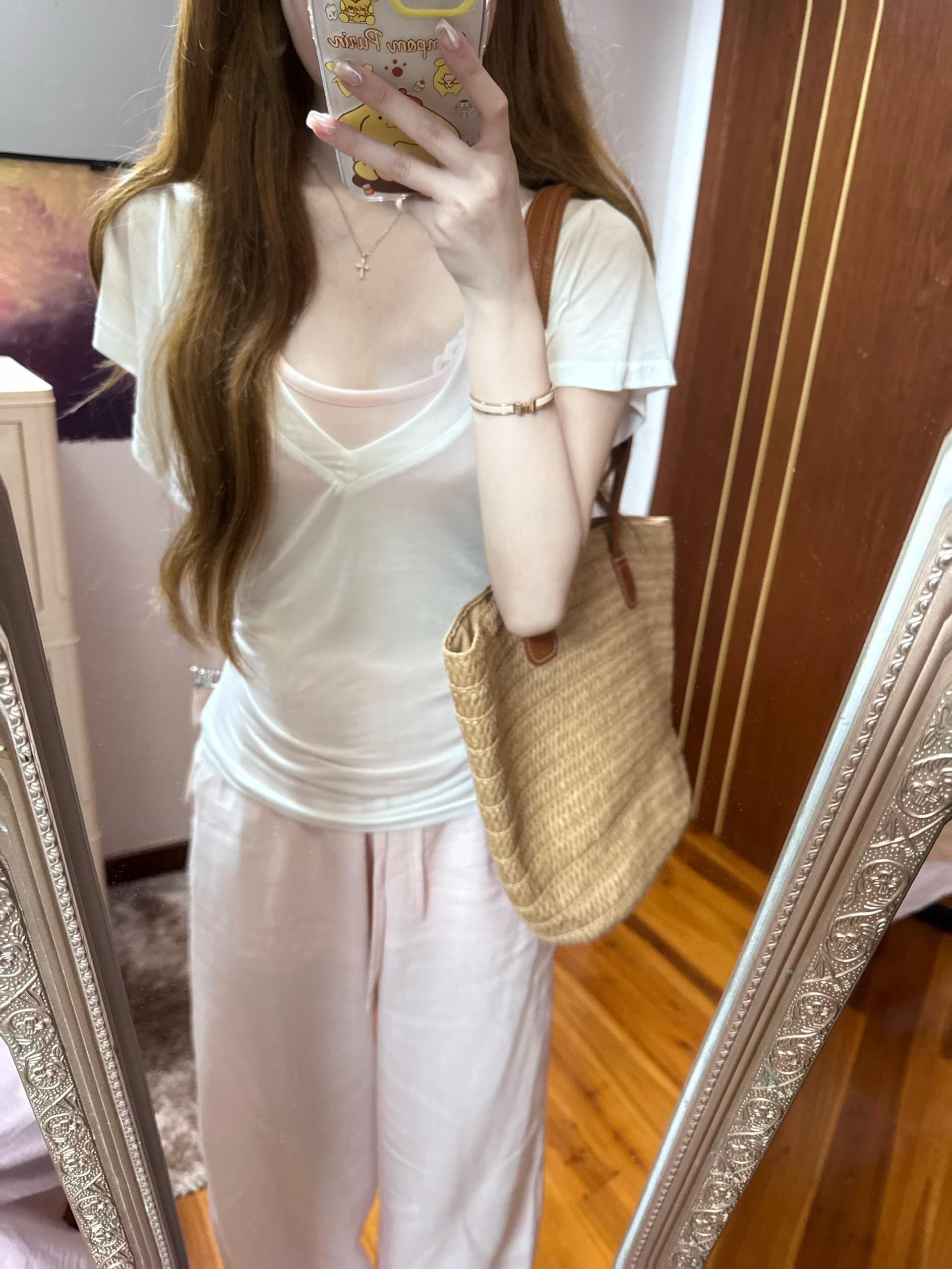 여름 아름다운 한 부서 세트 여성 핑크색 행침 목 조끼 블라우스 반팔 티셔츠 캐주얼 바지 자이언트 잘 생긴 3종 세트 이미지 4