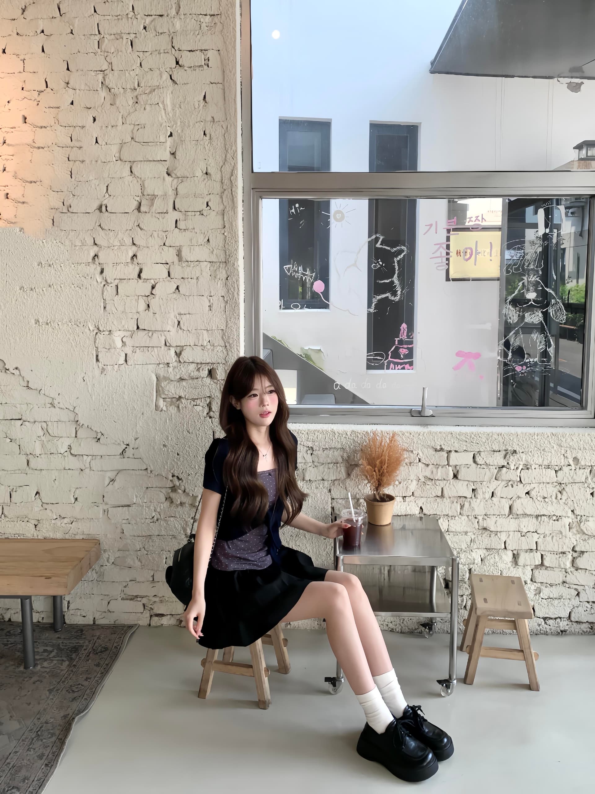 여름 핫걸 순수한 욕망 바람 착용 가져 가라. 도트 무늬 튜브탑 맨위 오픈 가디건 투피스 세트 검정색 슬림해 보이는 퍼프 미니 스커트 세트 상세 이미지 6