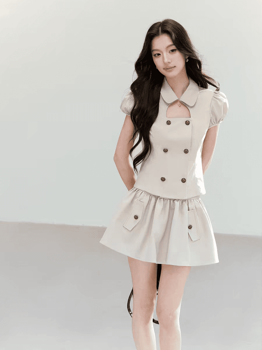 qdqd 레트로 학원 스타일 세트 베이비 칼라 홀로우 아웃 거품 소매 이중 버튼 반팔 셔츠 다용도 퍼프 미니 스커트 이미지 2