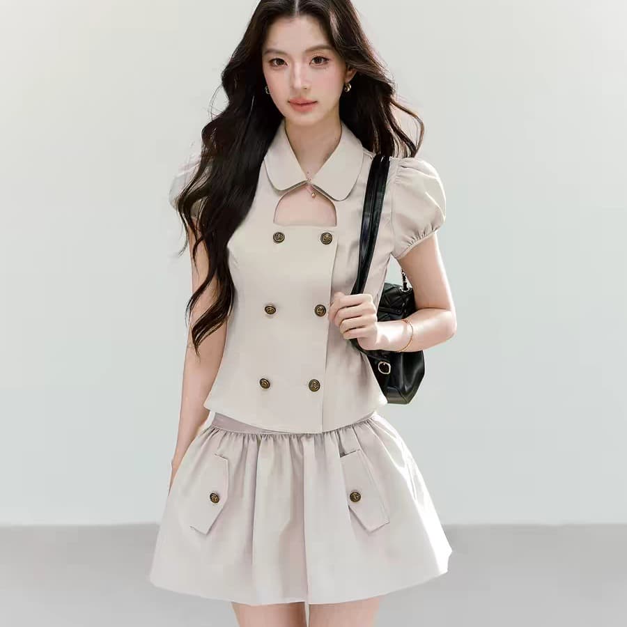 qdqd 레트로 학원 스타일 세트 베이비 칼라 홀로우 아웃 거품 소매 이중 버튼 반팔 셔츠 다용도 퍼프 미니 스커트 이미지 6