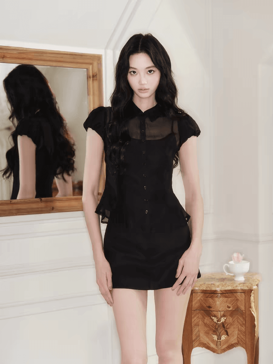 avenement 뽕나무 누에 실크 셔츠 거품 소매 셔츠 칼라 허리 수축 맨위 반팔 몸매 가꾸기 셔츠 여성 여름