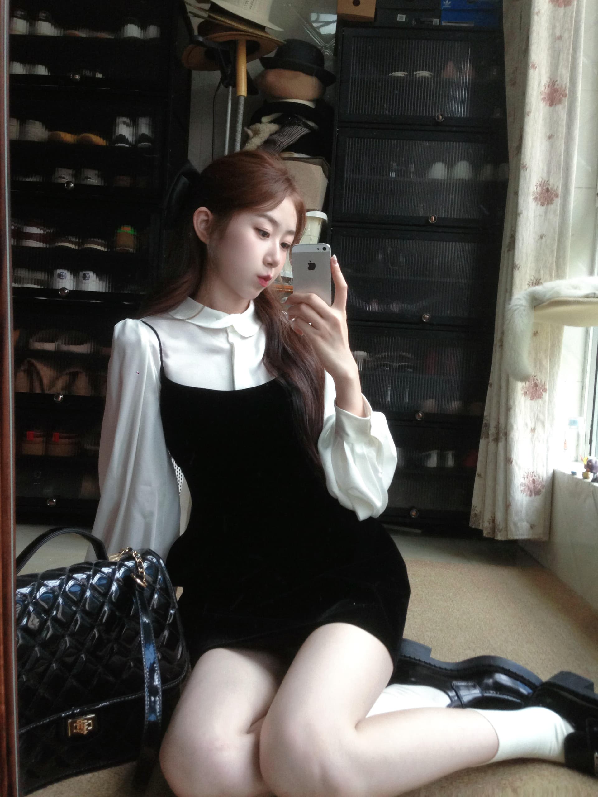 중복 칼라 프랑스식 셔츠 주간 실크 아세트산 베이비 칼라 긴팔 셔츠 벌룬 소매 맨위 여성 이미지 4