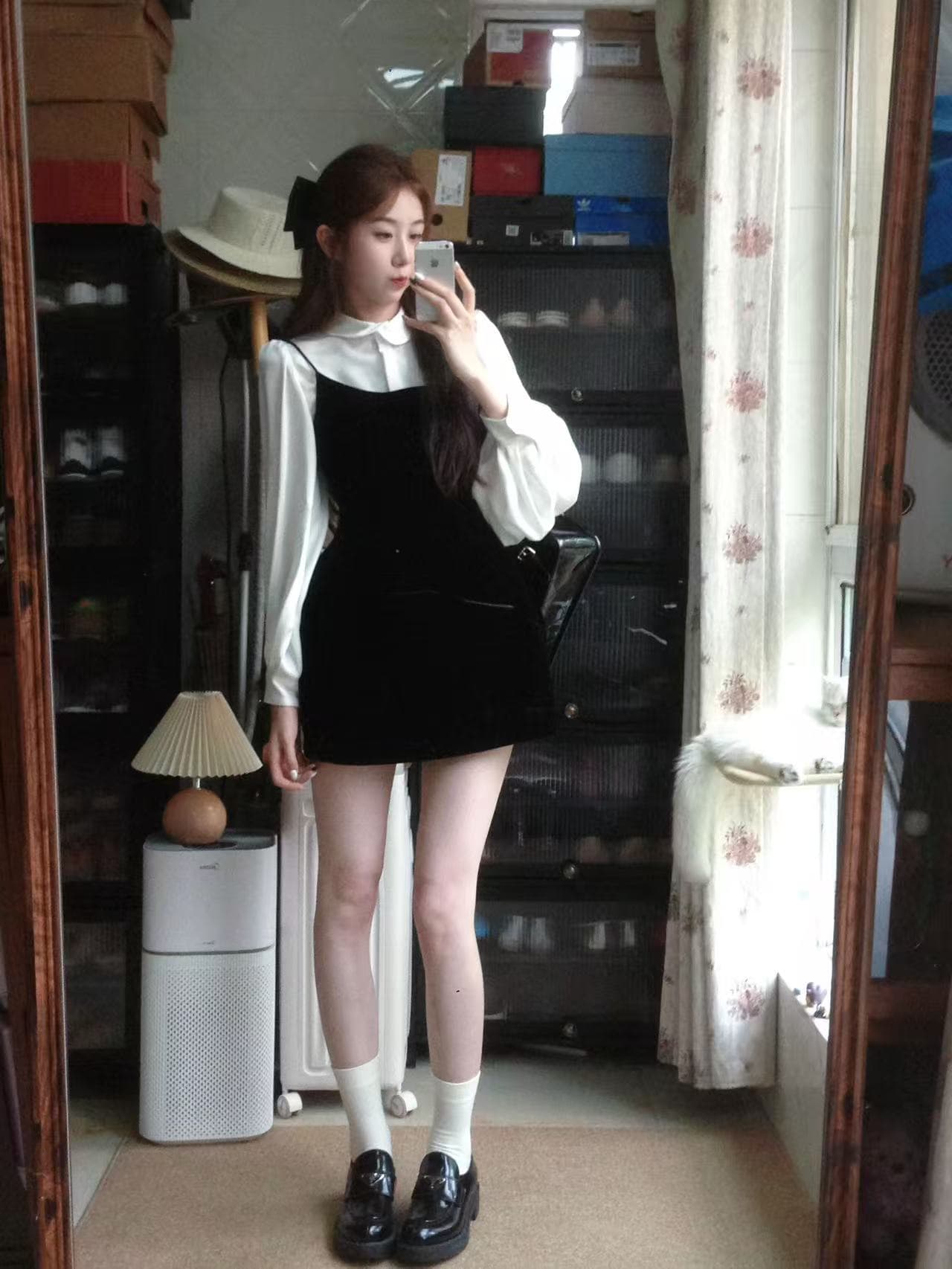 중복 칼라 프랑스식 셔츠 주간 실크 아세트산 베이비 칼라 긴팔 셔츠 벌룬 소매 맨위 여성 상세 이미지 1