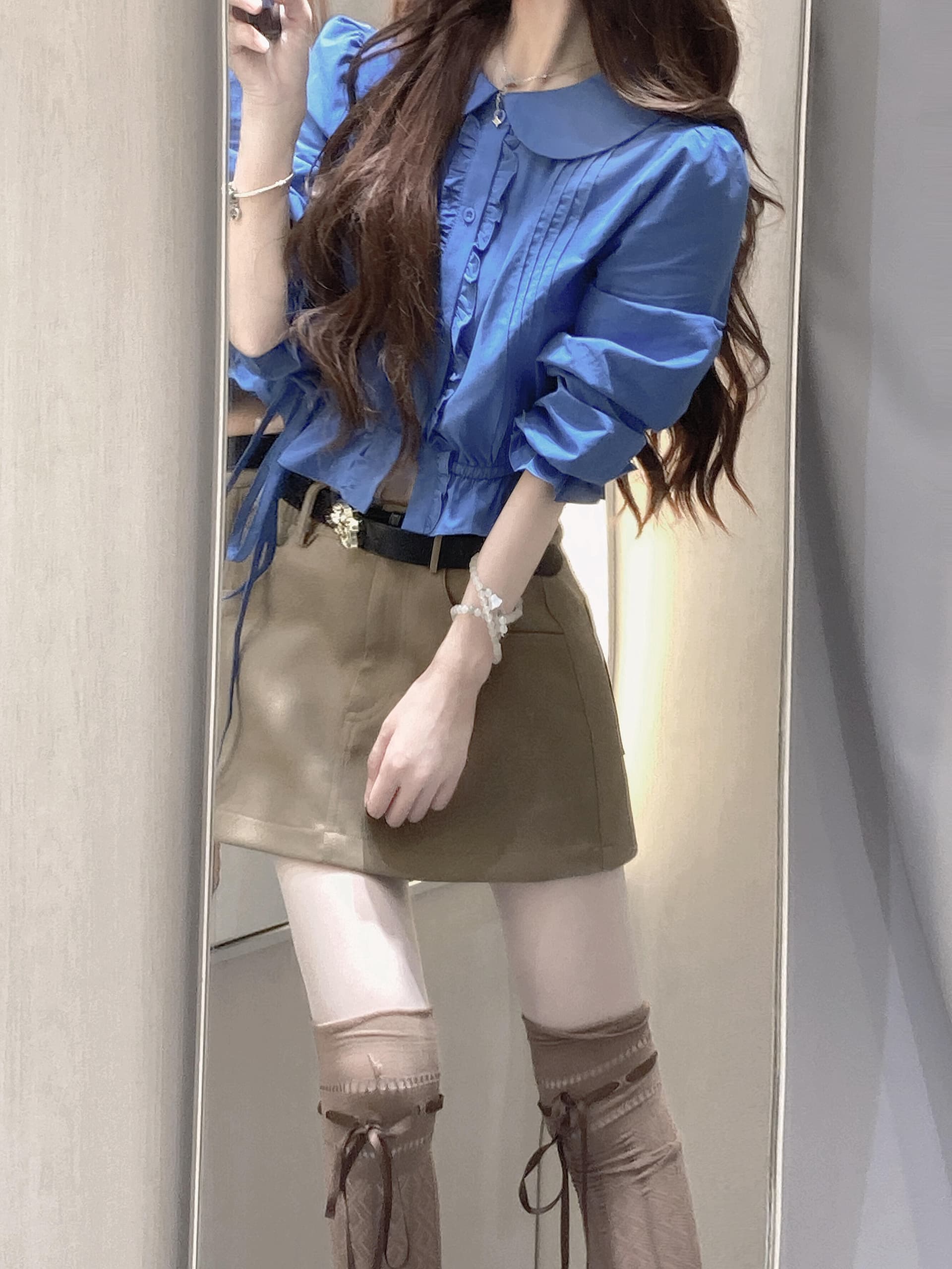 pop 한 부서 허리 수축 출퇴근 쇼트 스타일 단색 여성 셔츠 몸매 가꾸기 베이비 칼라 중간 소매 셔츠 맨위 상세 이미지 2